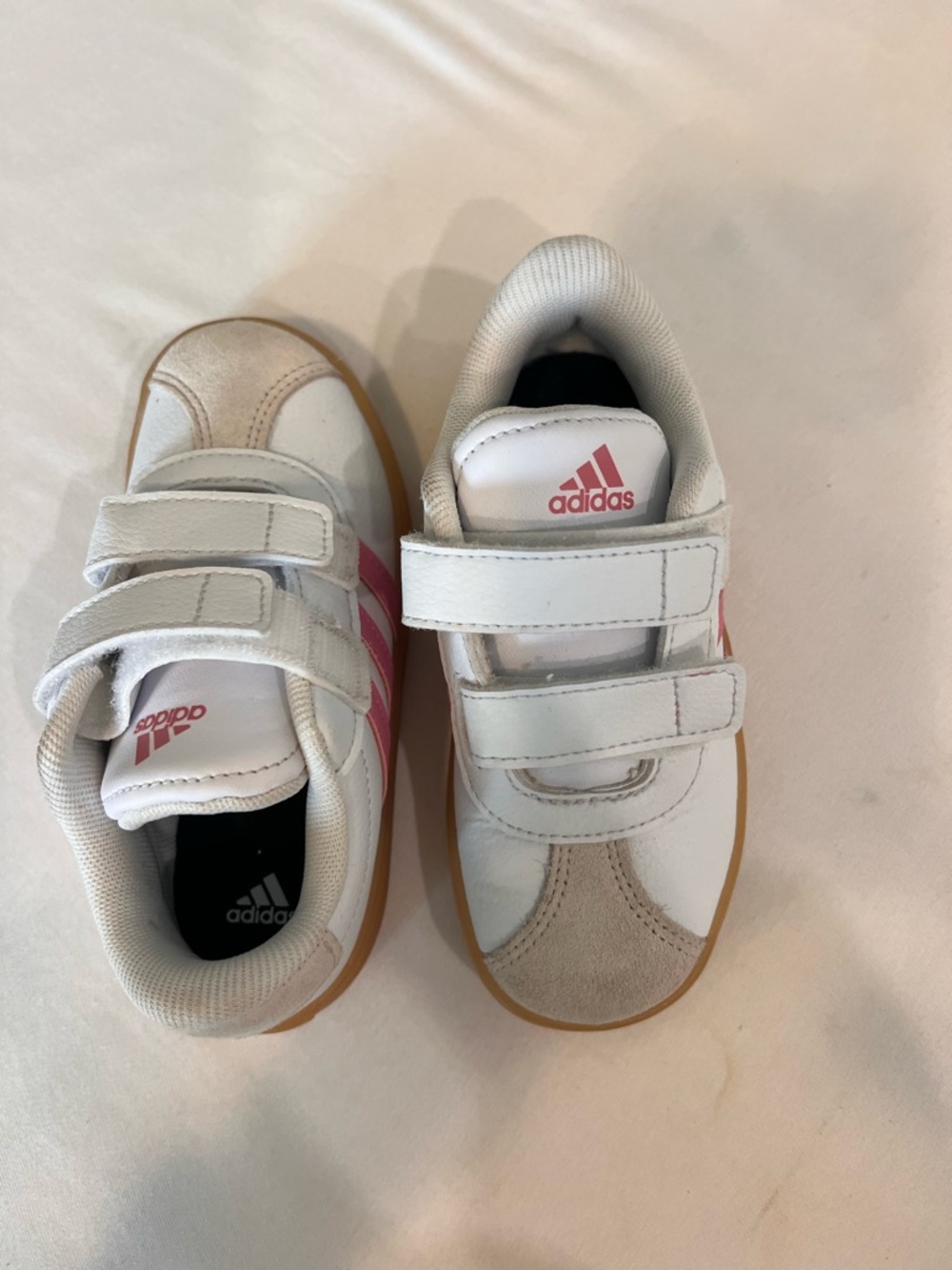 adidas White Kids Sneakers with Pink Stripes and Gum Sole - Velcro - Picture 4 of 8